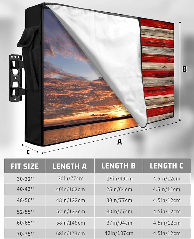 American Flag Outdoor TV Cover - 60-65 Inch, Weatherproof, Vintage Wood Enclosure with Zipper & Roll Up Front Flap, Red Striped Blue Star Waterproof Cover for Flat Screen TVs