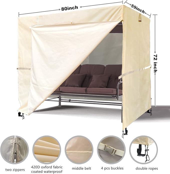 Ourdoor Swing Cove,3 Triple Seater Hammock Cover Garden Swing Cover Garden Hammock Glider Chair Cover Outdoor Swing Cover UV Resistant Swing Canopy Cover(80 * 59 * 72inch) Beige