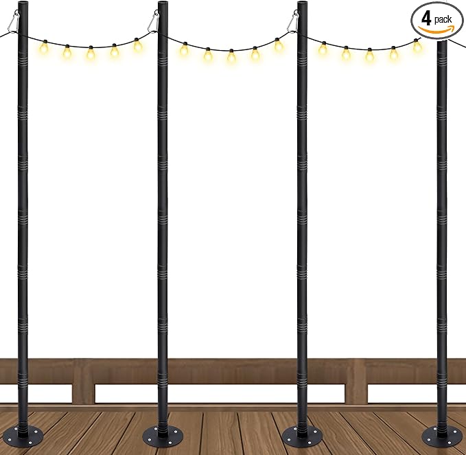 4 Pack 10 Ft String Light Poles for Outdoor String Lights, Heavy Duty Metal Outdoor Light Poles for Deck, Backyard, Garden, Patio, Wedding, Party