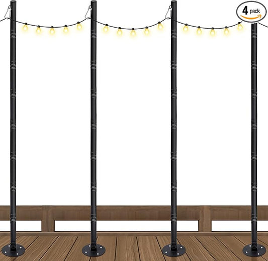 4 Pack 10 Ft String Light Poles for Outdoor String Lights, Heavy Duty Metal Outdoor Light Poles for Deck, Backyard, Garden, Patio, Wedding, Party