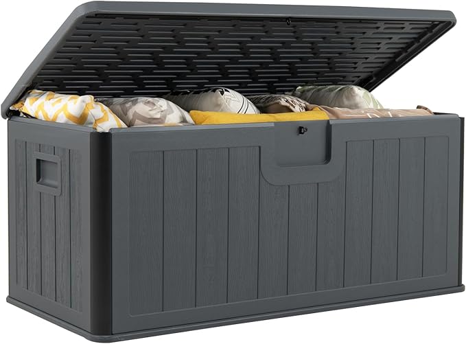 Giantex 100 Gallon Deck Box, Waterproof Resin Box with Lockable Lid, 440Lbs Outdoor HDPE Storage Container Bench for Patio Furniture Cushions, Pool Tools & Garden Accessories (Grey)