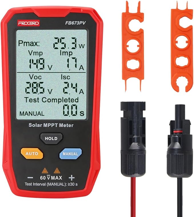 FrogBro Upgrade Solar Panel Tester Meter Photovoltaic Multimeter 800W, Solar MPPT Meter with Large Ultra Clear LCD, Smart MPPT Open Circuit Voltage Troubleshooting Utility Tool for Solar PV Testing