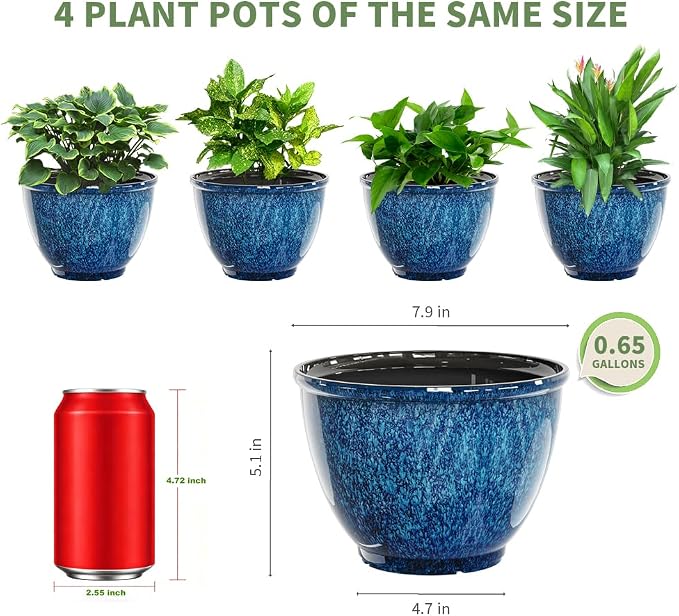 Vanslogreen 8 Inch Glazed Plastic Plant Pots, Set of 4 Planters with Drainage Holes - Indoor/Outdoor Flower Pots for Succulents, Herbs, Home Decor(Blue)