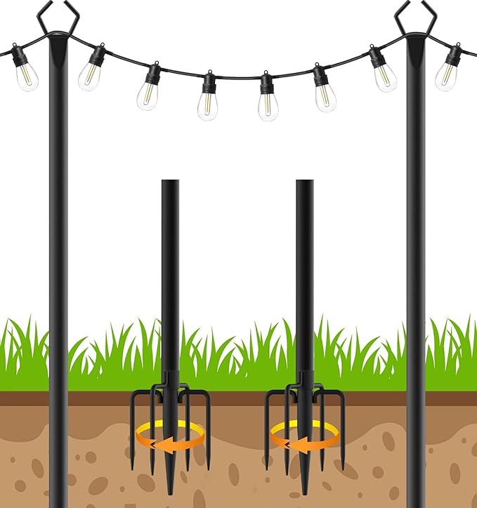 LETIANPAI 10Ft String Light Poles 2 Pack,Light Poles for Outside Lights,Outdoor with Fence Brackets Hanging Lights,Metal Stand Deck Patio Backyard