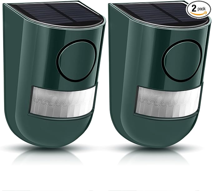 Qualirey Solar Sound and Light Alarm Motion Sensor 129db Outdoor Security Siren Waterproof Activated Detector Driveway Alarm 6 LEDs Flash Warning Deterrent Strobe System for Home, Farm(Green,2 Pack)