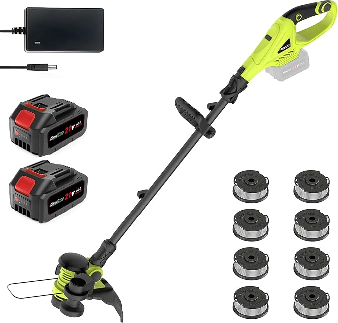 20V Cordless String Trimmer, 2x4Ah Grass Trimmer&Edger with 8 Replacement Spools, Battery Powered Weed Trimmer with Auto Line Feed for Garden, Lawn, Green