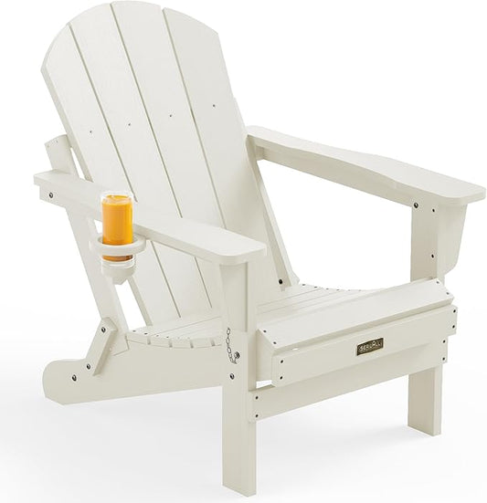 SERWALL Folding Adirondack Chair - HIPS Adirondack Chairs Outdoor Chairs Weather Resistant Fire Pit Chairs- White