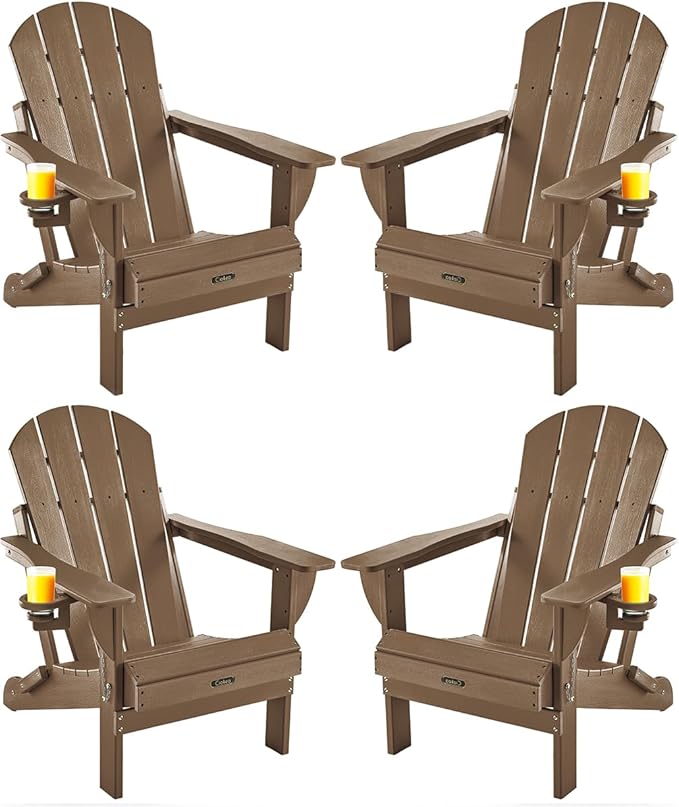 Ciokea Folding Adirondack Chairs Set of 4, Patio Adirondack Chair Weather Resistant, Plastic Fire Pit Chair with Cup Holder, Lawn Chair for Outdoor Porch Garden Backyard Deck, Brown