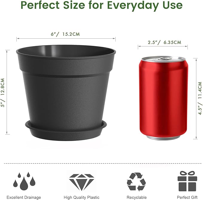 SwinDuck 20 Pack 6 Inch Plant Pots with Drainage and Saucers, Black Plastic Flower Pots for Indoor and Outdoor Plants, Stackable Nursery Planters for Houseplants and Herbs, Black