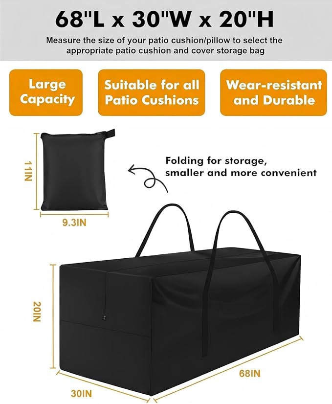 Patio Cushion Storage Bag,Outdoor Cushion Storage Bag,Waterproof storage bag with zipper and handle,Used for outdoor cushion storage and home storage. 68in L x 30in W x 20in H(2 Pack)