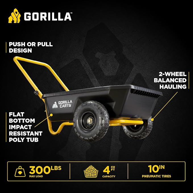 Gorilla Carts GCR-4 Poly Dump Cart, 2-Wheel Garden Wagon with Foldable Handle, 4 cu ft, 300 lb. Capacity, Black/Yellow