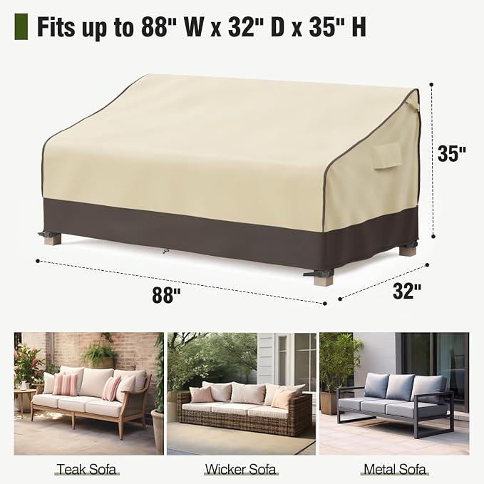 MR. COVER 3-Seater Outdoor Couch Cover Waterproof, 90 Inch Patio Furniture Covers Waterproof with All Weather Protection, Heavy Duty Outdoor Sofa Covers with Air Vent and Handles, Brown & Khaki