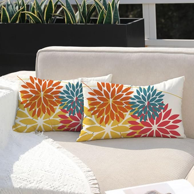 DFXSZ Outdoor Pillow Covers 12x20 Inch Set of 2 Orange Yellow Red Flower Decorative Waterproof Fall Summer Outdoor Pillow Covers for Patio Funiture Garden Couch 168G12