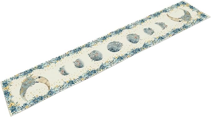 Floral Moon Table Runner, Boho Spring Blue Flower Leaves Seasonal Mystical Gothic Moon Phase Coffee Table Center Decor for Family Party Kitchen Outdoor Farmhouse Wedding Table Decorations, 13" X 108"