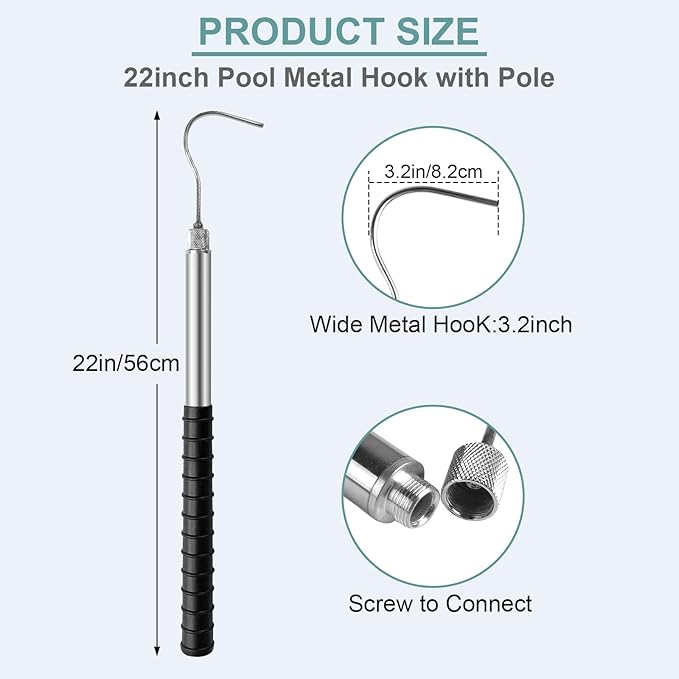 Pool Skimmer Basket Hook, 22 Inch Stainless Steel Pool Skimmer Handle, Skimmer Basket Handle, Pool Basket Lid Lifting Hook with Anti-Slip Handle for Inground Pools Skimmer Basket Debris Removal