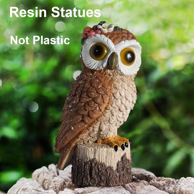 1 KINGO Fake Owl Decoy, Bird Deterrents for Outside, Solar Powered LED Eyes & Ultrasonic Deterrent, Scarecrow Owl Decoys to Scare Birds Away, Bird Repellent Devices Outdoor, Resin Garden Statues