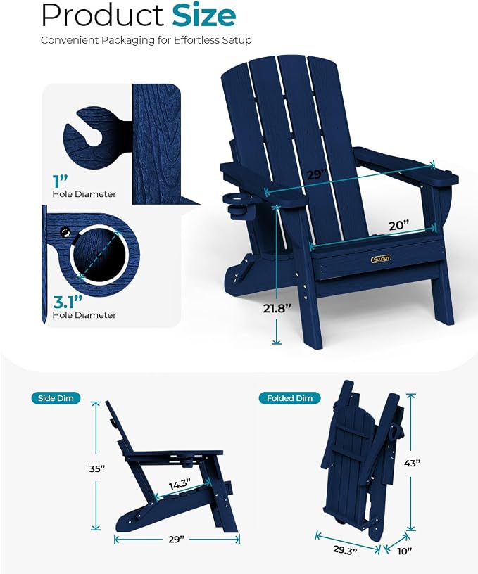 Folding Adirondack Chair, HDPE Adirondack Chairs with 2 Cup Holder, Plastic All-Weather Fire Pit Chairs, Outdoor Lawn Chair for Patio Garden (Tibetan Blue)