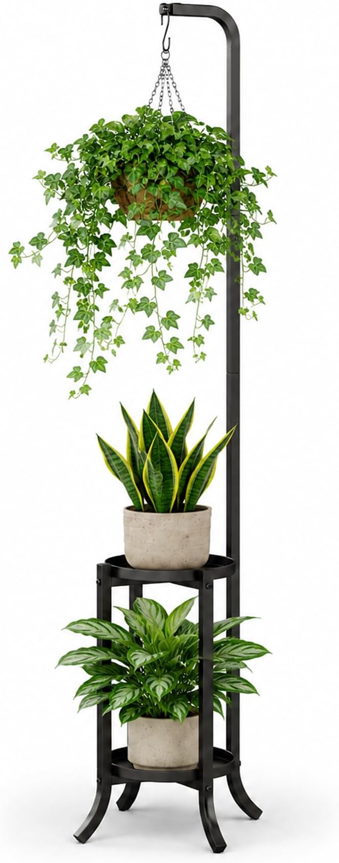 Bamworld Hanging Plant Stand Indoor Corner Tall Plant Shelf Outdoor Space-Saving Metal Plant Holder for Multiple Plants 2 Tier Planter Stand for Patio Garden Balcony Living Room Black