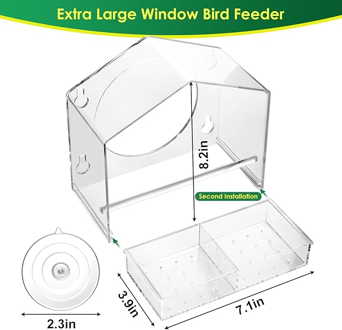 Clear Window Bird Feeder with Slide-Out Removable Tray - 4 Strong 2.36 Inch Suction Cups Acrylic House - See-Through Window Feeders for Outside - Bird Watching for Mom, Cats & Elders