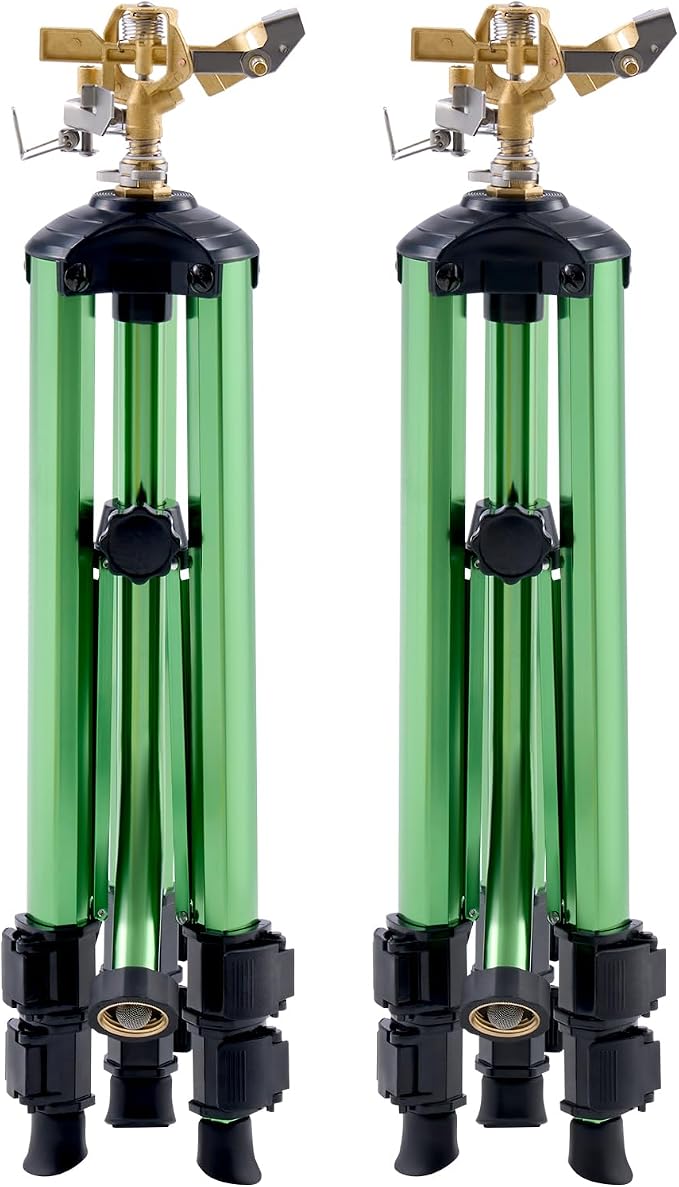 VEVOR Impact Sprinkler on Tripod Base, 2 Packs, Heavy Duty Tripod Sprinklers with Brass Head & 3/4" NH Connector, 360 Degree Large Area Irrigation Sprinkler, Adjustable Heights Sprinkler for Yard