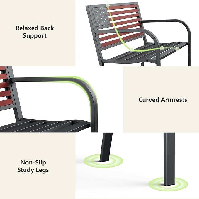 Outdoor Bench, Sturdy Metal Garden Bench with Classic Stars and Stripes Design Metal Backrest, 2-Person Patio Bench for Outside Seating, Cast Iron Steel Porch Yard Lawn Furniture, Red