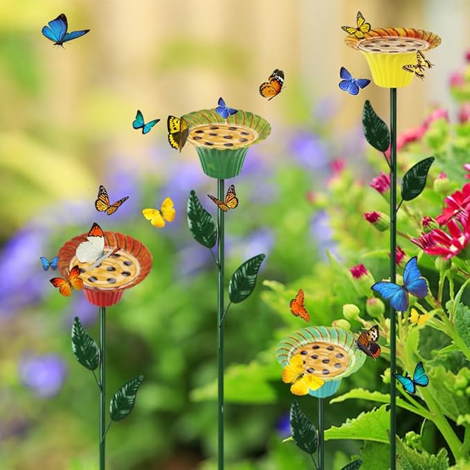 DREAMSOUL Metal Bird Bath with Bee Watering Station, Flower Bee Feeder 4 Pack Bird Bath for Outside Birds, Bees, Butterflies