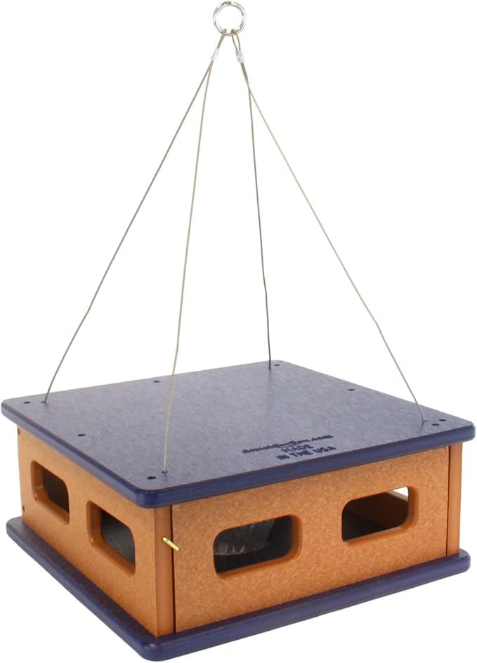 Bluebird Feeder - Hanging Block House Mealworm Feeder for Bluebirds - Amish-Made with Poly Lumber (Patriot Blue and Cedar)