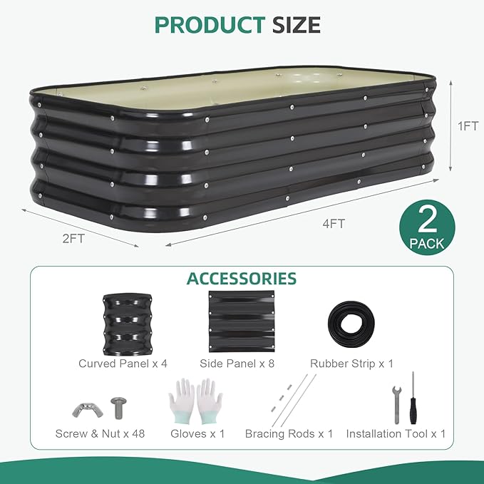 3 in 1 Galvanized Raised Garden Bed - 4x2x1ft (2Packs) Modular Planter Box Outdoor | Metal Raised Bed Kit with Bracing Rods for Gardening Vegetables Flowers Fruits Herbs (Gray)