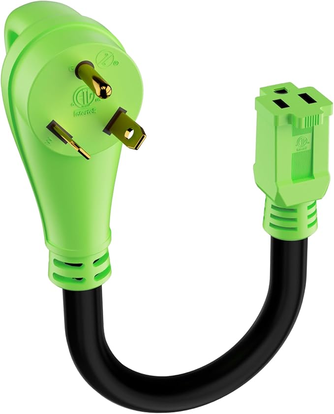 RV Adapter Plug 30 Amp to 15 Amp Cord, NEMA TT-30P Male to 5-15R Female, 30M/15F，STW, 10AWG, Heavy Duty Electrical Power Cord, 125 Volts, 1875 Watts, 1FT, Green
