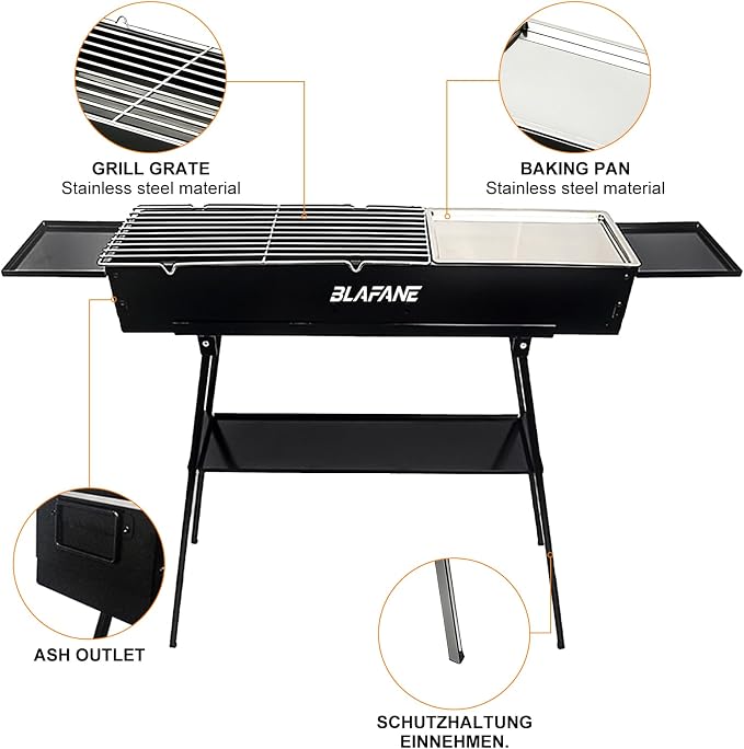 Charcoal Grill, Alloy Steel BBQ Barbecue Outdoor Grilling with Durable Support Frame and Dual Adjustable Vents for Tailgate Patio Beach Backyard(31.6x7.1x5.1 inch with Flat Grill Plate), Black