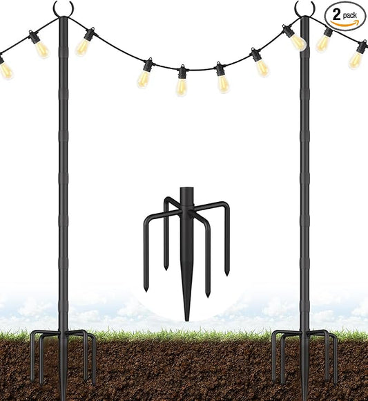 10Ft String Light Poles for Grass & Soil, Outdoor Light Stand with 5-Prong Fork Base, Heavy-Duty Metal Poles for Backyard, Garden & Patio Party Lighting, Rustproof & Adjustable, 2 Pack
