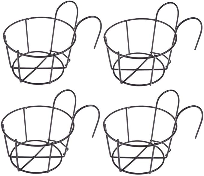 4 Pack Hanging Railing Planters Flower Pot Holders Plant Iron Racks Fence Metal Potted Stand Mounted Balcony Round Plant Baskets Shelf Container Box for Indoor&Outdoor Use-Black,Garden Steel Pots,6.3"