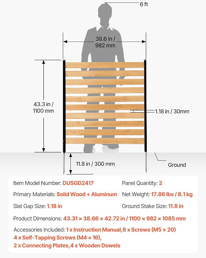 VEVOR Wood Privacy Fence, 38" W x 42" L, 2-Panel Slatted Air Conditioner Fence Screen, Pool Equipment Enclosure with Metal Stakes, Easy DIY Installation, Outdoor Trash Can Hider for Garden Decoration