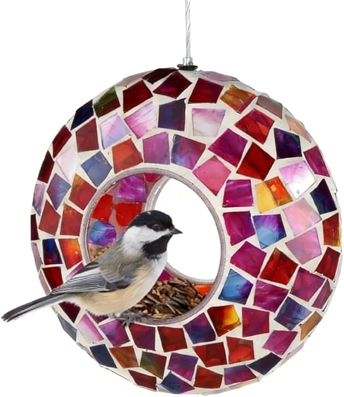 Lily's Home 6 Inches Glass Mosaic Hanging Bird Feeder for Outdoors Fly-Through Large Bird Feeder for Outdoor Garden Decor Backyard, Excellent Gift for Animals Lovers, Purple, Pink and Red