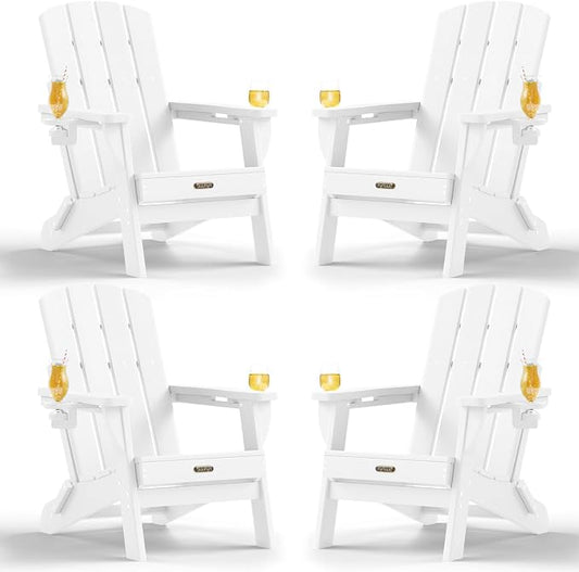 Folding Adirondack Chair Set of 4, HDPE Adirondack Chairs with 2 Cup Holder, Plastic All-Weather Fire Pit Chairs, Outdoor Lawn Chair for Patio Garden (White)