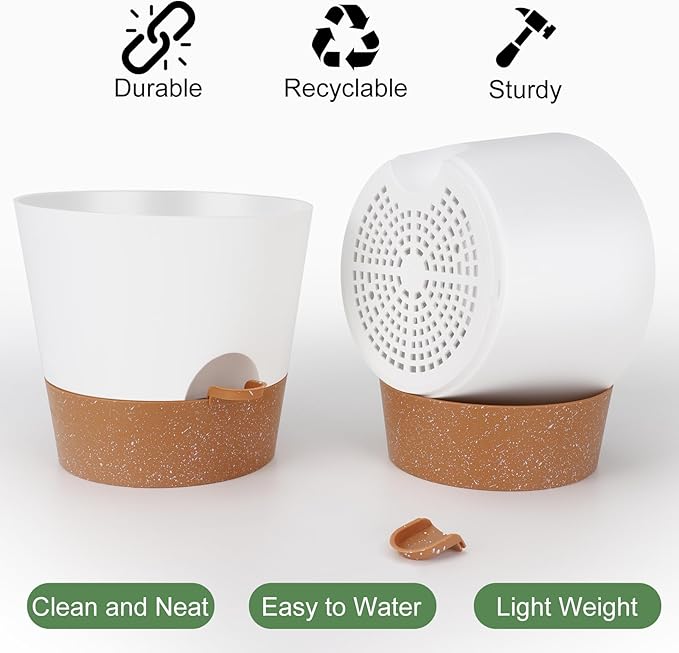 YNNICO 10 inch Plant Pots, Self-Watering Planters with Drainage Holes & Saucers for Indoor and Outdoor Plants (2-Pack,White