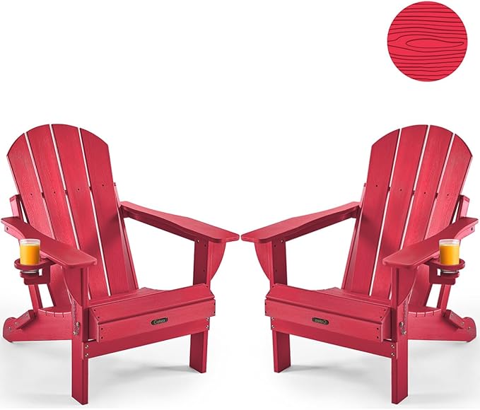 Ciokea Folding Adirondack Chair 2 Pack, Patio Adirondack Chair Weather Resistant, Plastic Fire Pit Chair with Cup Holder, Lawn Chair for Outdoor Porch Garden Backyard Deck (Red)