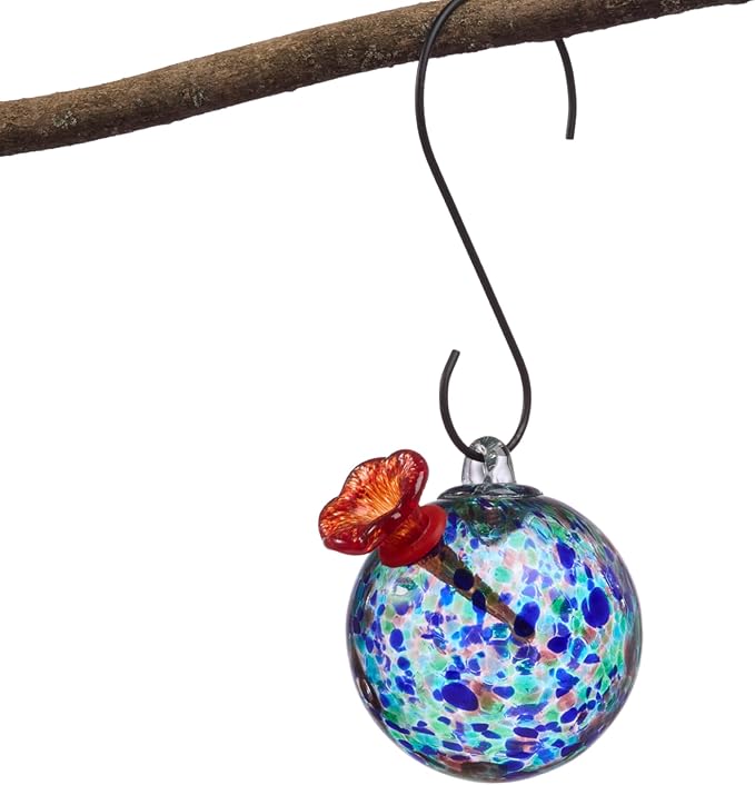 Red Carpet Studios Hummingbird Feeder Hand-Blown Art Glass, Hanging Birdfeeder with Red Flower Feeding Port, 5.5" Round Turquoise