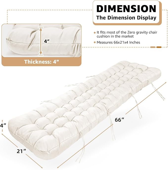 Patio Lounge Chair Cushion, Waterproof Zero Gravity Chair Cushions with Ties, 66x21x4 Inches Chaise Lounge Chair Cushion for Outdoor Indoor Furniture, Cream (Only Cushion)