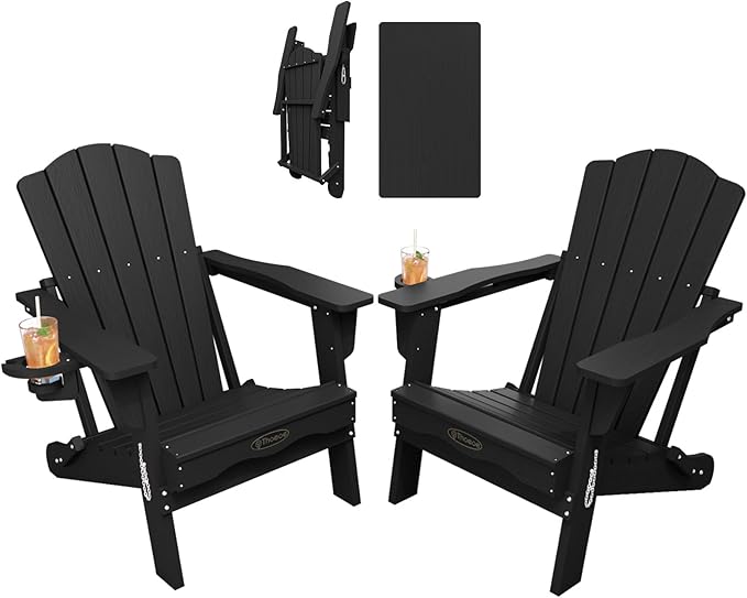 THOEOE Folding Adirondack Chair Set of 2,HDPE All-Weather Outdoor Chair with Cup Holder,Wooden Textured,Fire Pit Chair,Plastic Patio Chair for Deck,Backyard,Garden,Lawn, Black