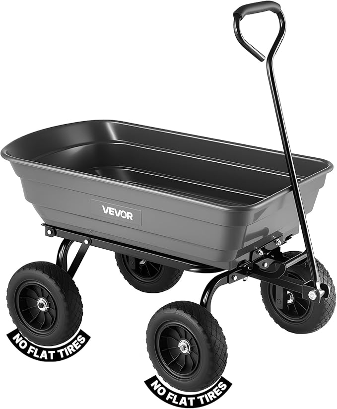 VEVOR 4 Cu.Ft 600LBS Poly Garden Cart Dump Wagon, 4 Wheel Heavy Duty Wheelbarrow with 10" Flat Free Tires, Yard Cart Dump Wagon with Quick-Release System