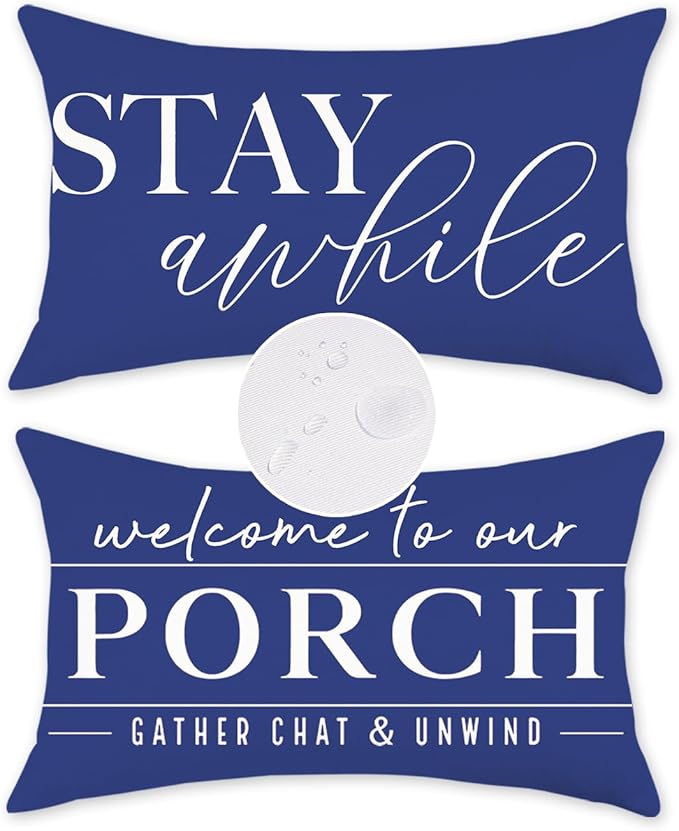 TAJWE Dark Blue Outdoor Pillow Covers Waterproof 12x20 Set of 2 Decorative Welcome to Our Porch Stay Awhile Cushion Cases for Patio Furniture Sofa Couch Decor