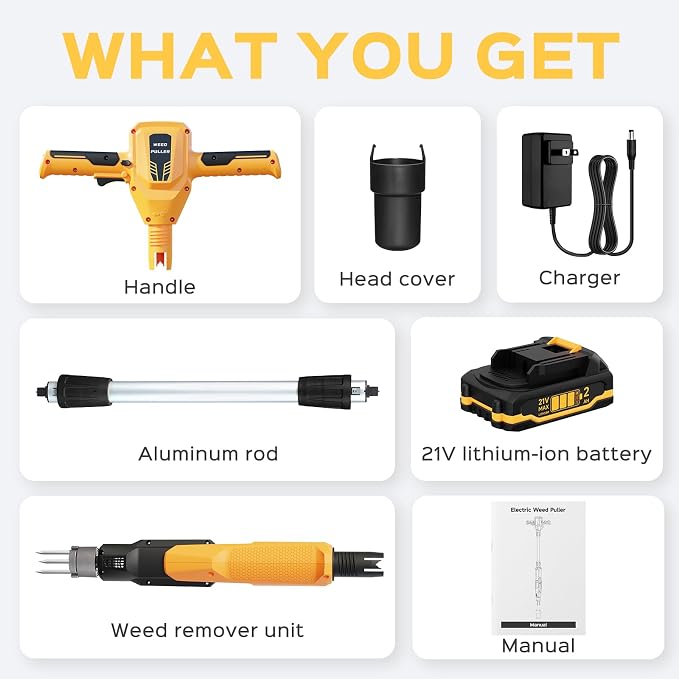 Weed Puller Tool, 21V Powerful Electric Weeder Tool with 2.0Ah Battery and Charger, Garden Tools Weed Remover Tool with 3-Claw Steel Head for Smooth Weeding, Ideal Gifts for Men Women Mom Dad, Yellow