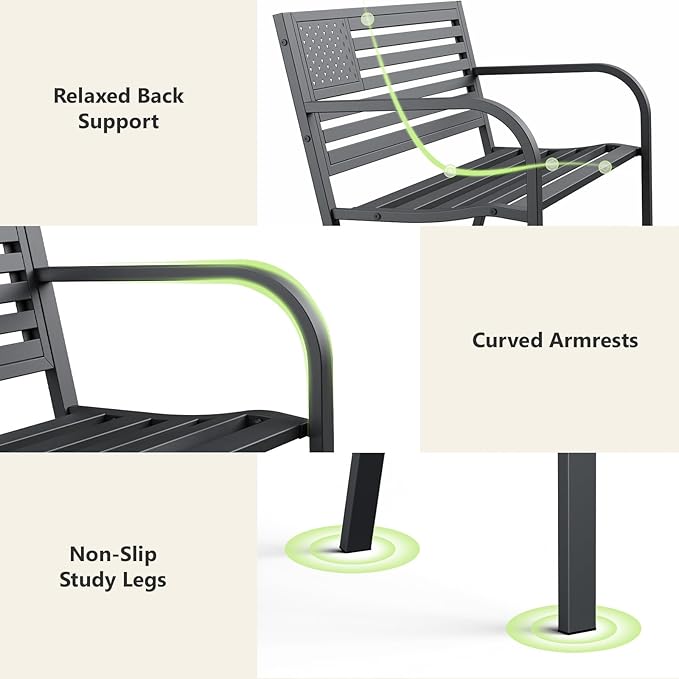 Outdoor Bench, Sturdy Metal Garden Bench with Classic Stars and Stripes Design Metal Backrest, 2-Person Patio Bench for Outside Seating, Cast Iron Steel Porch Yard Lawn Furniture, Black