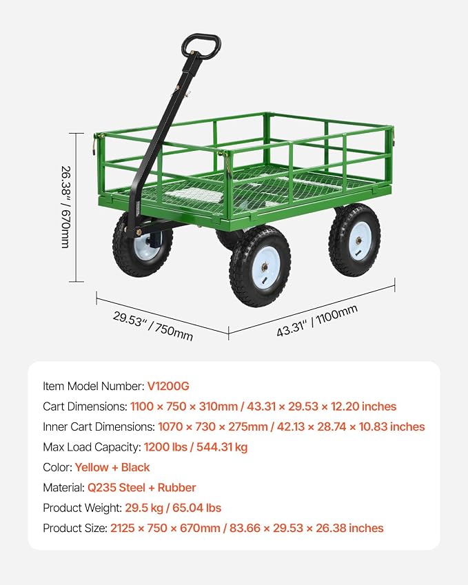 VEVOR Steel Garden Cart, 1200 lbs Heavy Duty Pullable Garden Wagon Yard Cart, 2 in 1 Outdoor Metal Utility Wagon Yard Trailer with 13" All Terrain Tires, Mesh Detachable Sides and 180° Rotating Handle