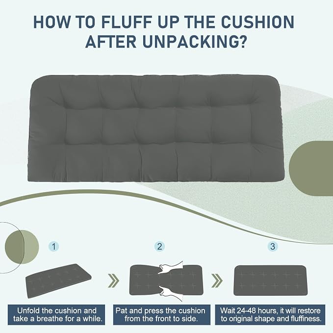 downluxe Outdoor Bench Cushion for Patio Furniture, Water Resistant Tufted Overstuffed Porch Swing Cushions, Thick Outdoor Loveseat Cushions, 59" x 18" x 5", Dark Grey, Set of 1