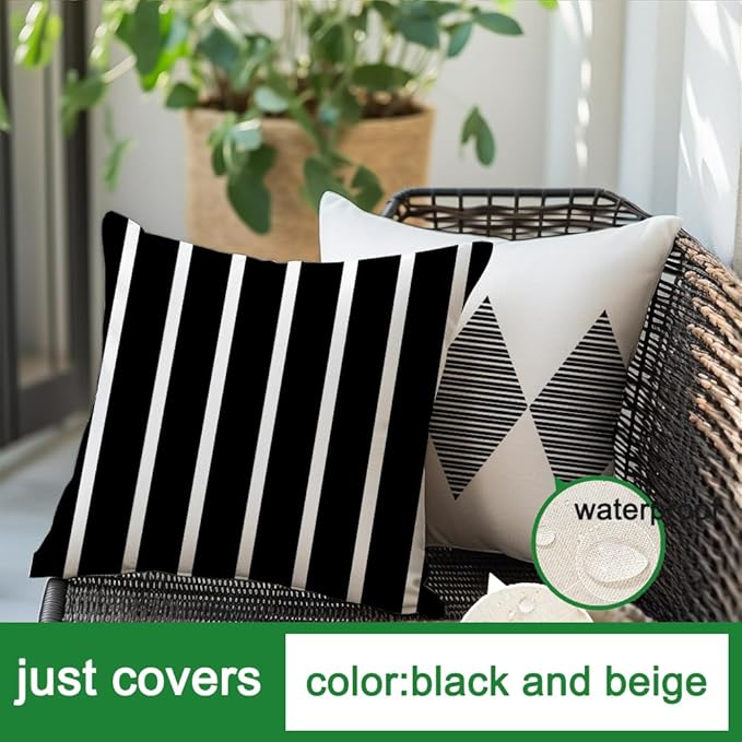 RABUSOFA Outdoor Pillows Waterproof,16x16 inch Black and White Boho Set of 4 for Patio Furniture,Sunbrella Outdoor Cushion Covers(no Insert)