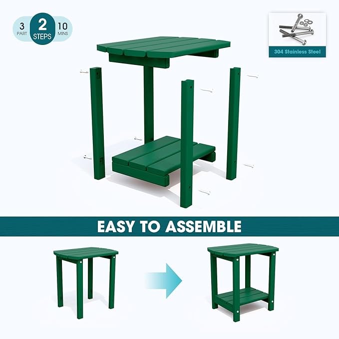 THOEOE Adirondack Outdoor Side Table, 2-Tier Sturdy Patio End Table Weather Resistant, Morden Side Table for Patio, Pool, Porch, Green