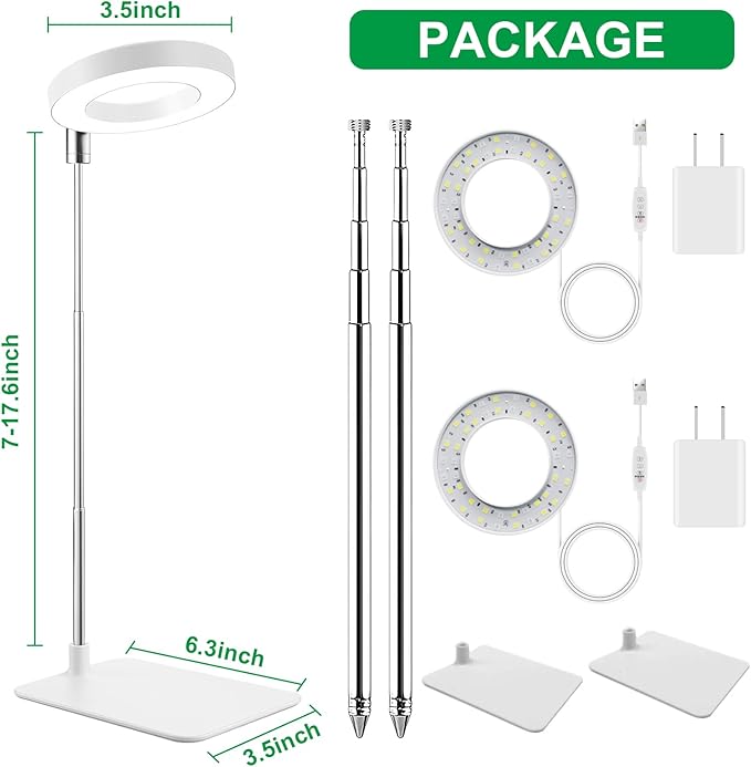 2 Pack Grow Light with Base, 6000K White Full Spectrum Growing Light Lamp for Indoor Small Mini Micro Green Pot Plants, 5-Level Dimmable, Auto Timer 4/8/12/18 Hrs