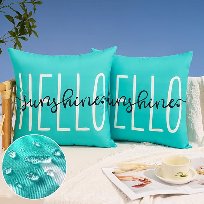 DFXSZ Outdoor Pillow Covers 20x20 Inch Set of 2 Hello Sunshine Decor Blue Green Waterproof Throw Pillow Covers Summer Outdoor Waterproof Pillow covers Decor for Patio Funiture Garden Sofa Couch 020D20